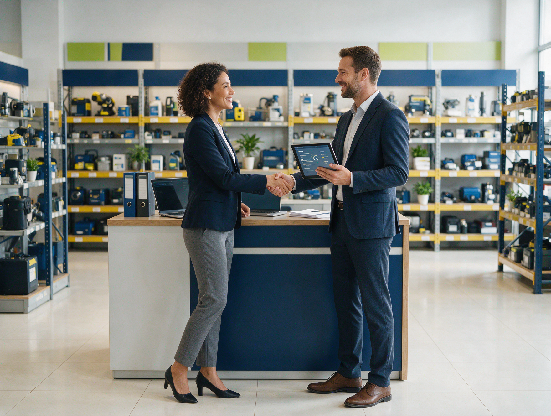 B2B sales representative using a tablet with customer account insights at a distributor counter