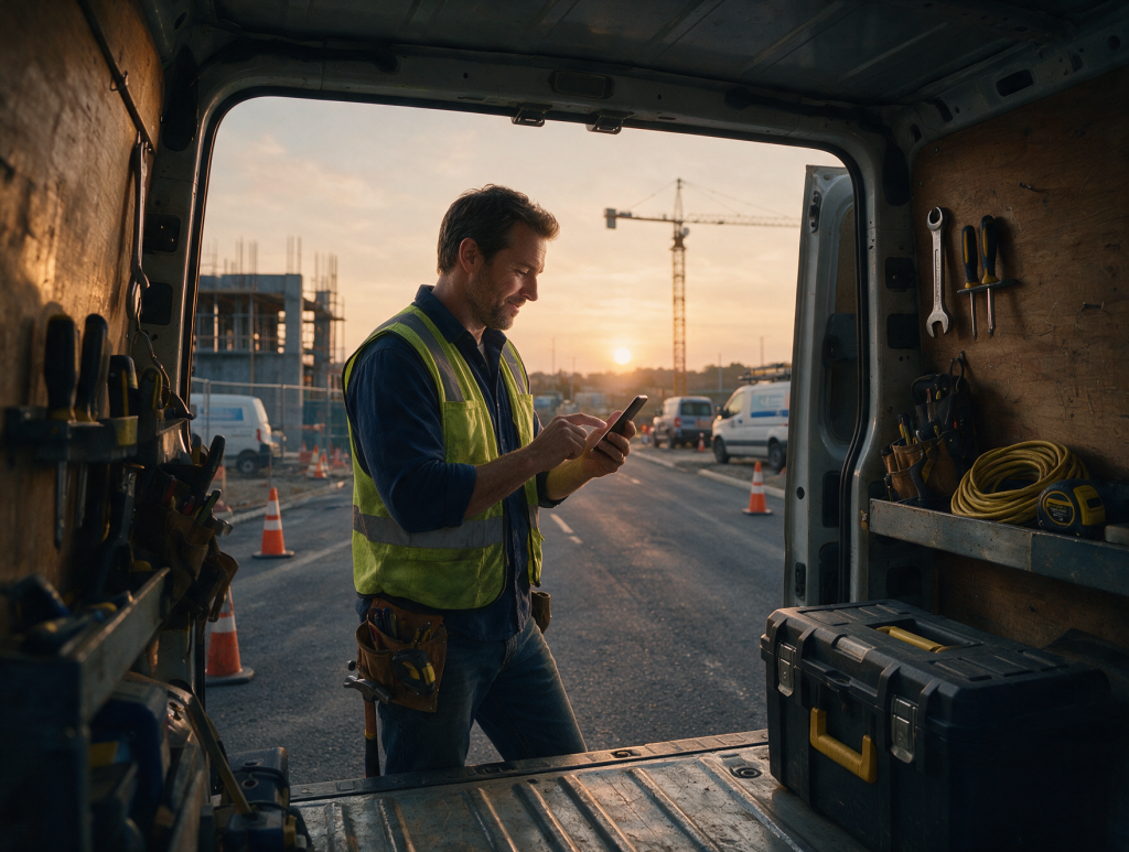 Contractor placing a B2B order on a smartphone after business hours instead of calling