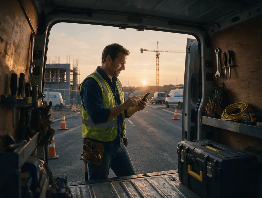 Contractor placing a B2B order on a smartphone after business hours instead of calling