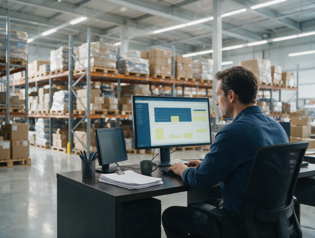 Distributor operations manager reviewing Sage ERP data in a warehouse office