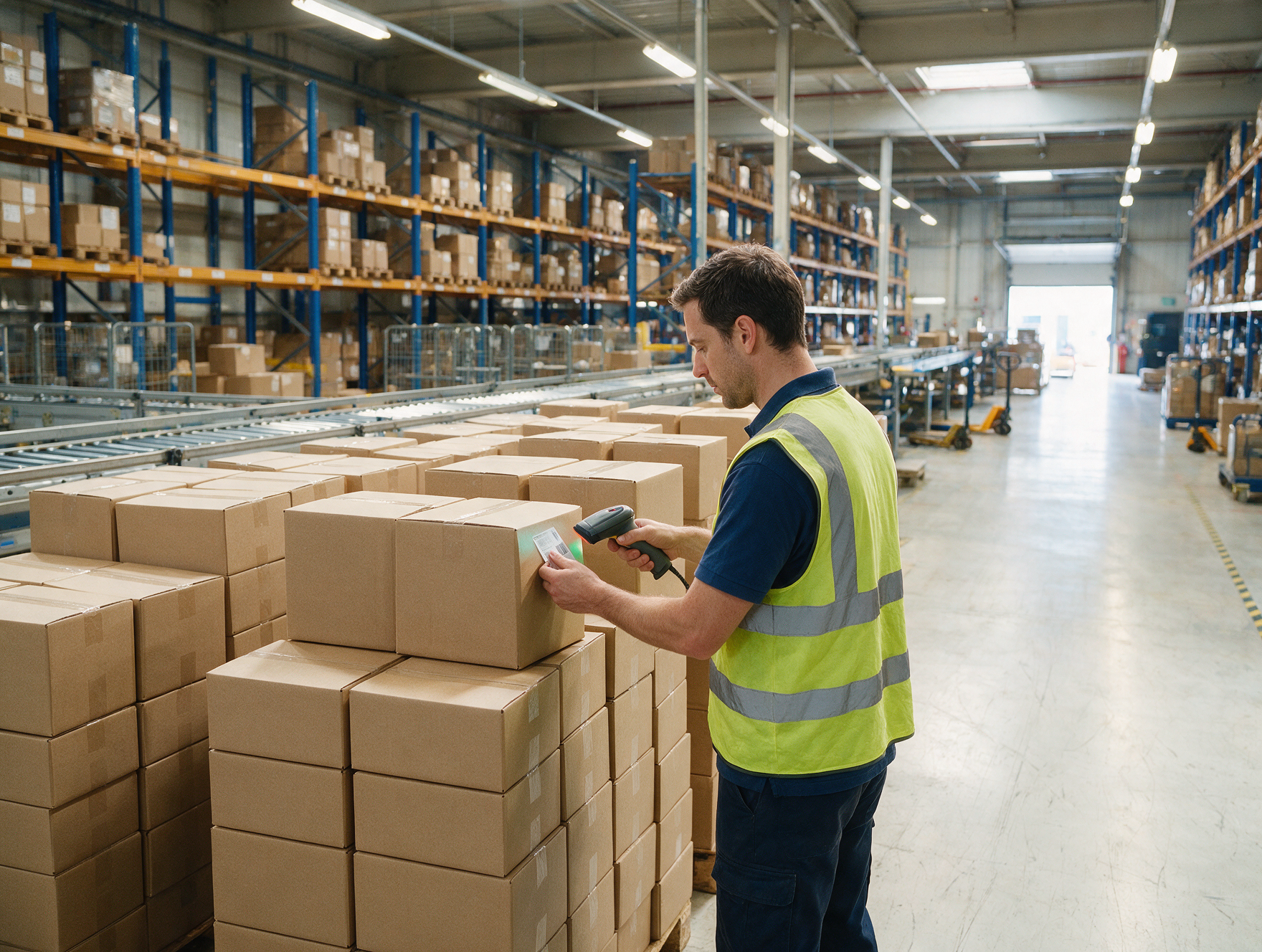 Warehouse worker scanning boxes for fast repeat orders and reordering