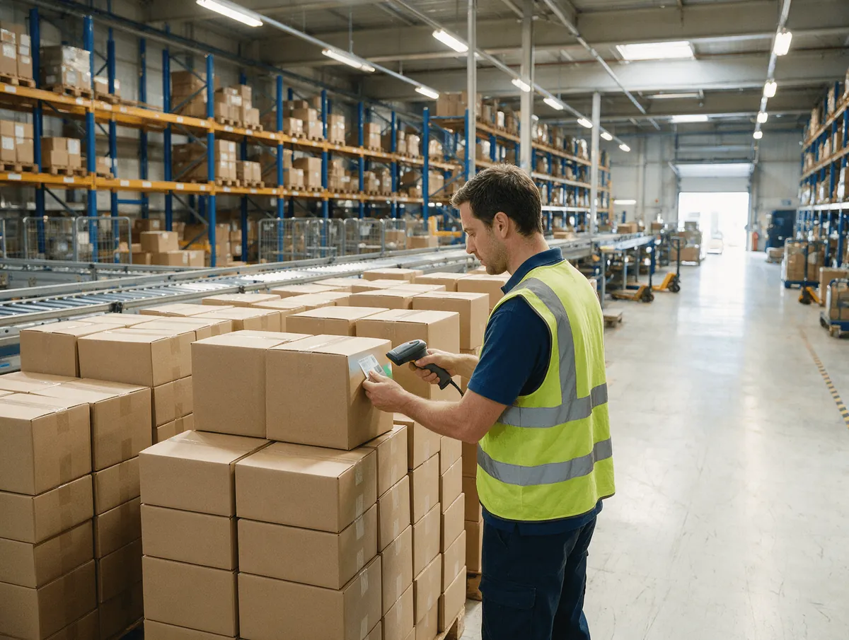 Warehouse worker scanning boxes for fast repeat orders and reordering